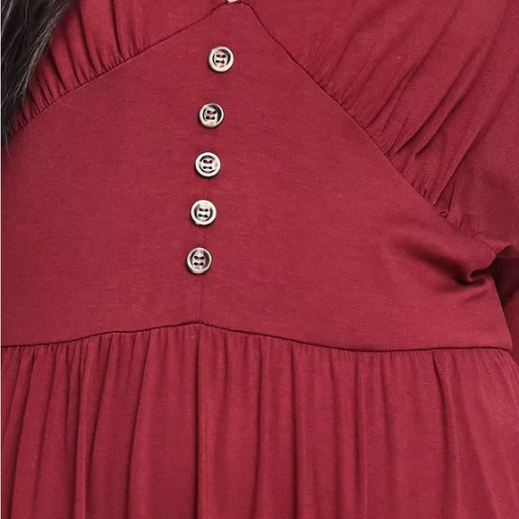 Waisted design ASOS long sleeve midi tea dress with buttons in burgundy - Picture 3 of 9